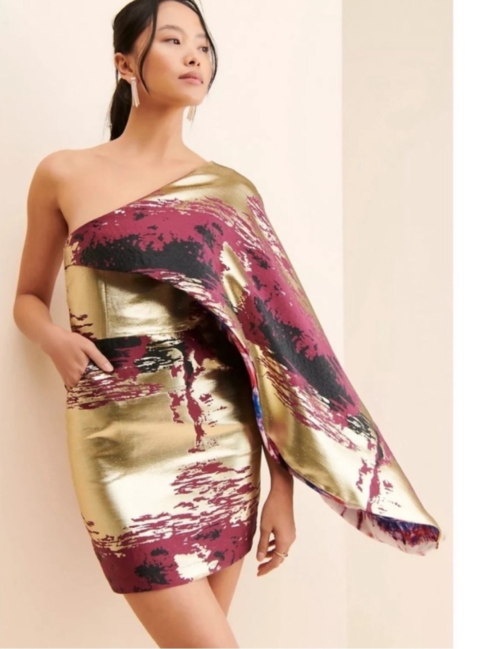 Anthropologie Kahindo Hadiza Burgundy Gold Metallic One-Shoulder Mini Dress Sz 8